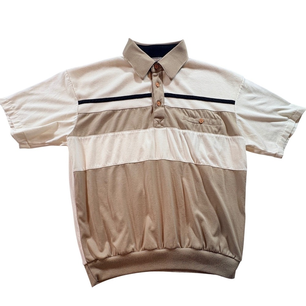 Classics by Palmland Polo Shirt Mens Medium Beige Colorblock Banded Bottom Retro